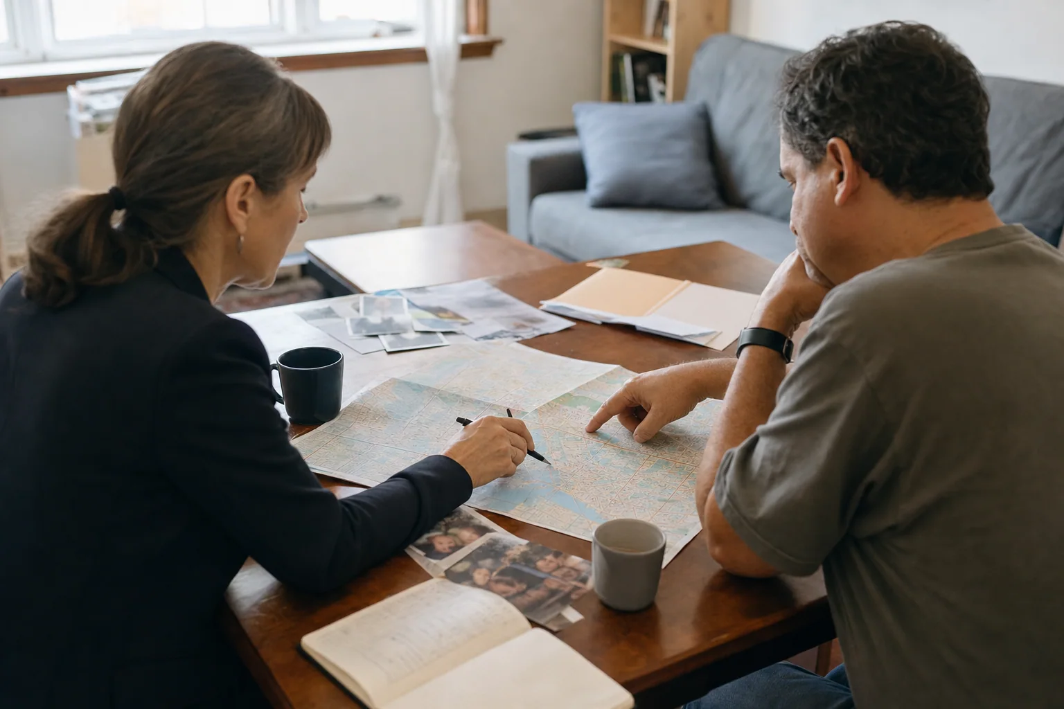 Investigator and family member reviewing a missing-person case in Greenwich Village