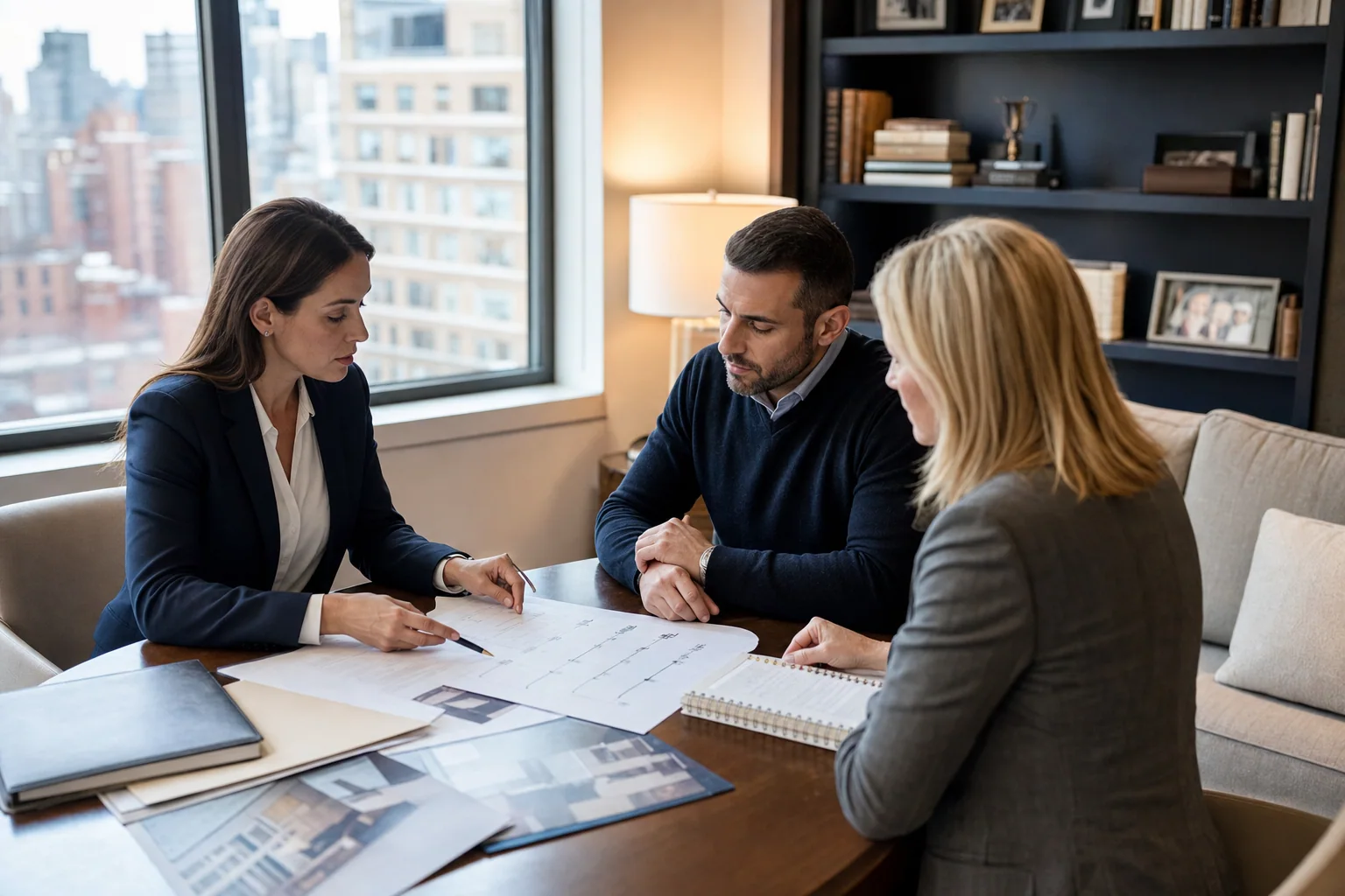 Divorce client consulting a private investigator in a calm Manhattan office