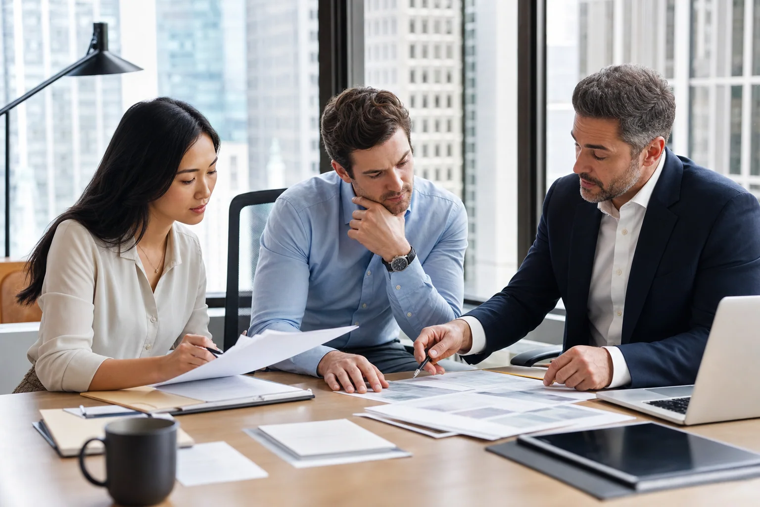 Business team reviewing due diligence findings for a Tribeca investigation