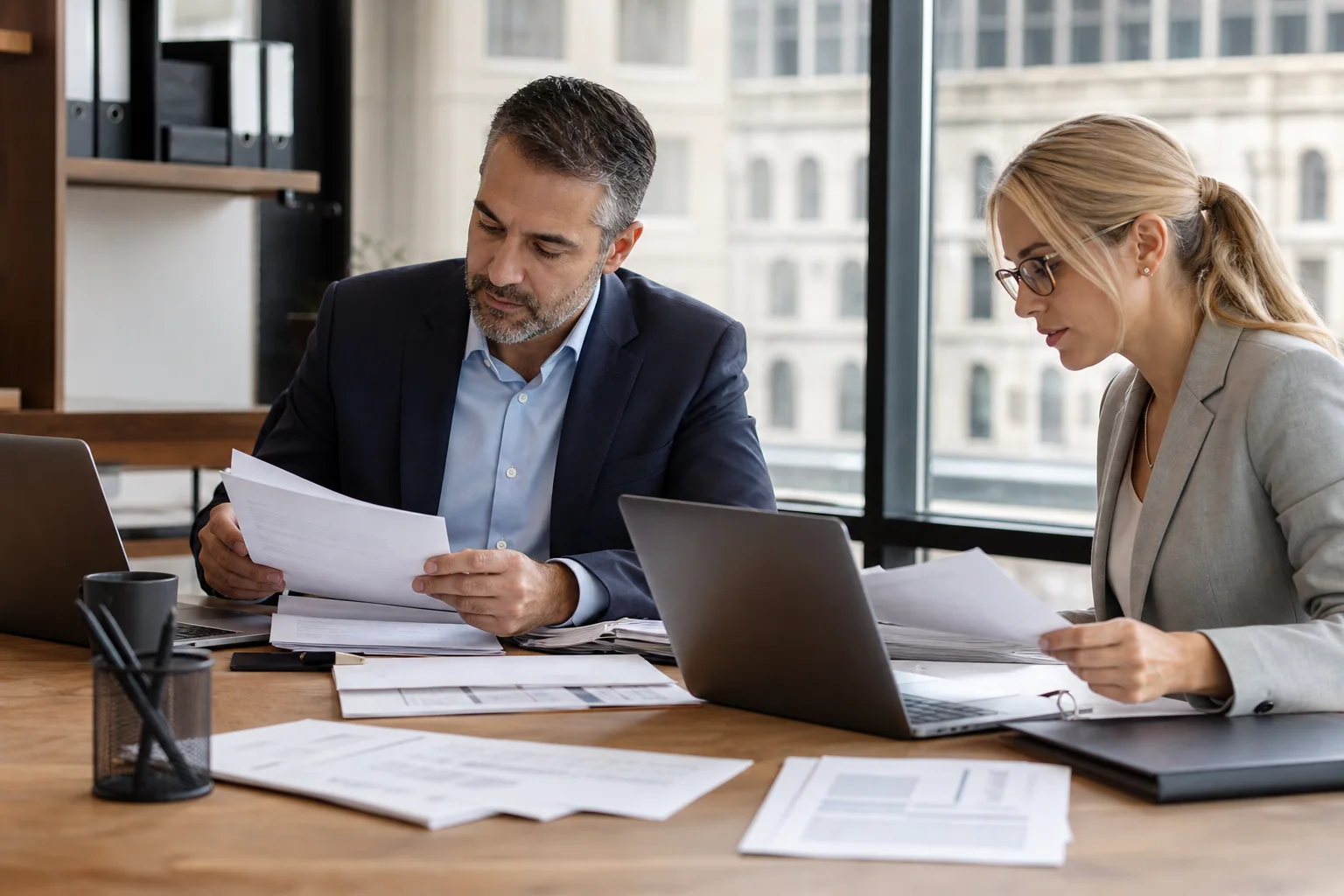 Fraud investigator and client reviewing financial records in a Manhattan office