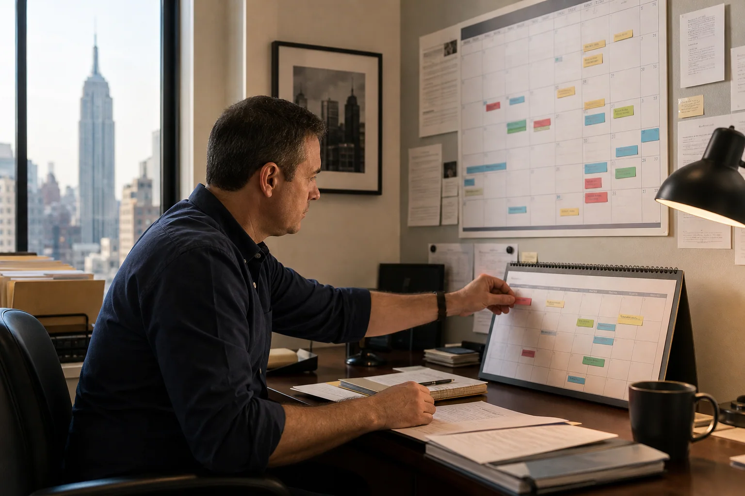 Private investigator reviewing a case timeline and schedule in Manhattan