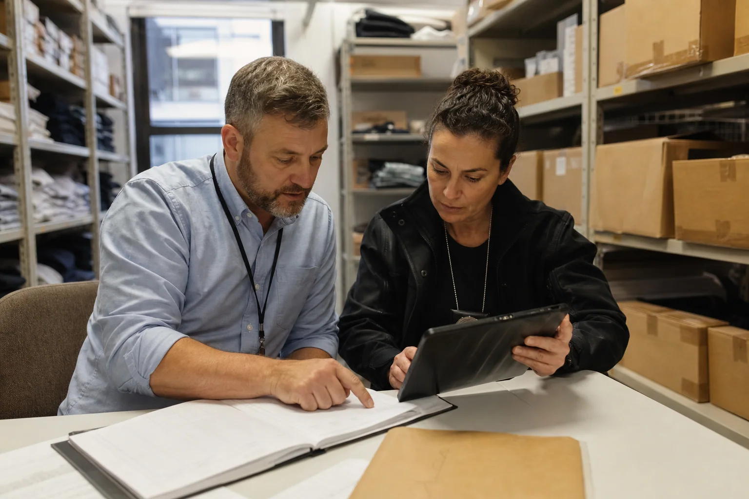 Business owner and investigator reviewing inventory records in a New York stockroom