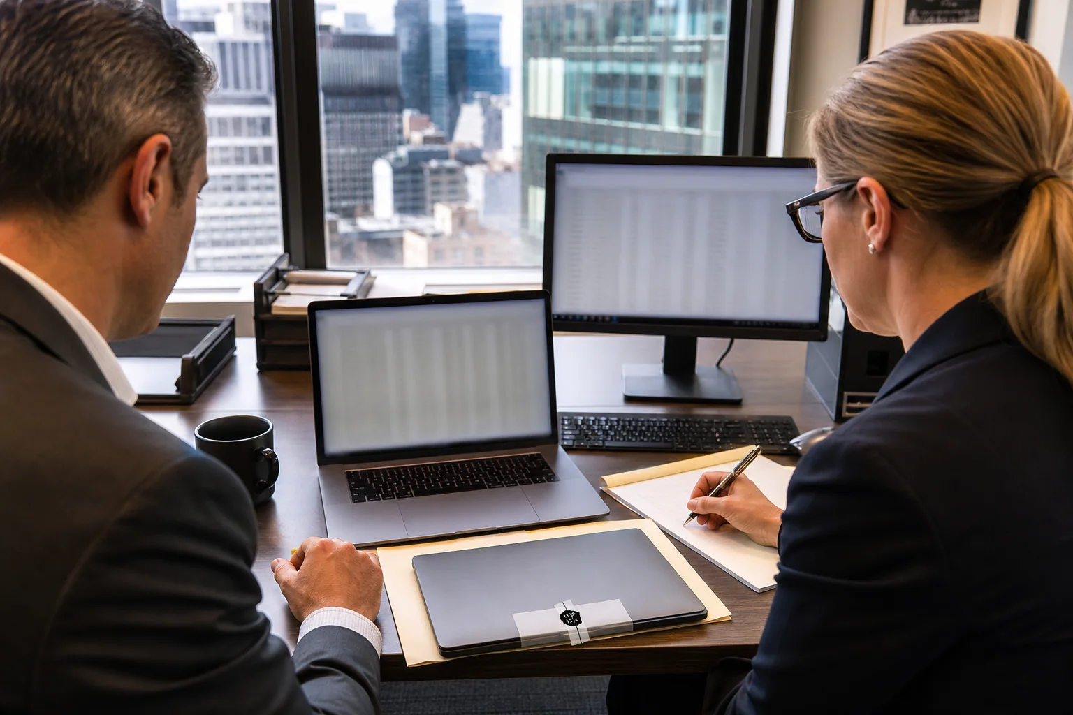 Corporate team and investigator reviewing a suspected trade secret theft case