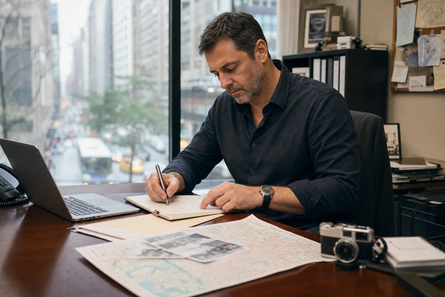 Private investigator reviewing case notes while serving clients across Manhattan