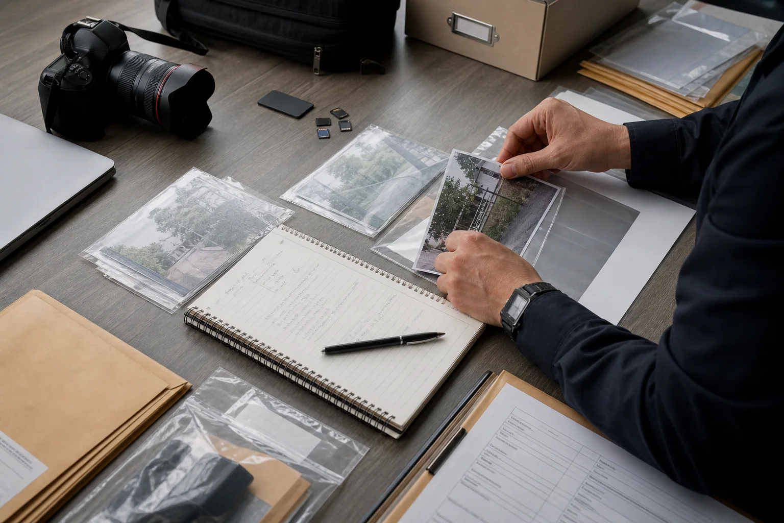 Investigator organizing photographs, notes and documented evidence on a case desk