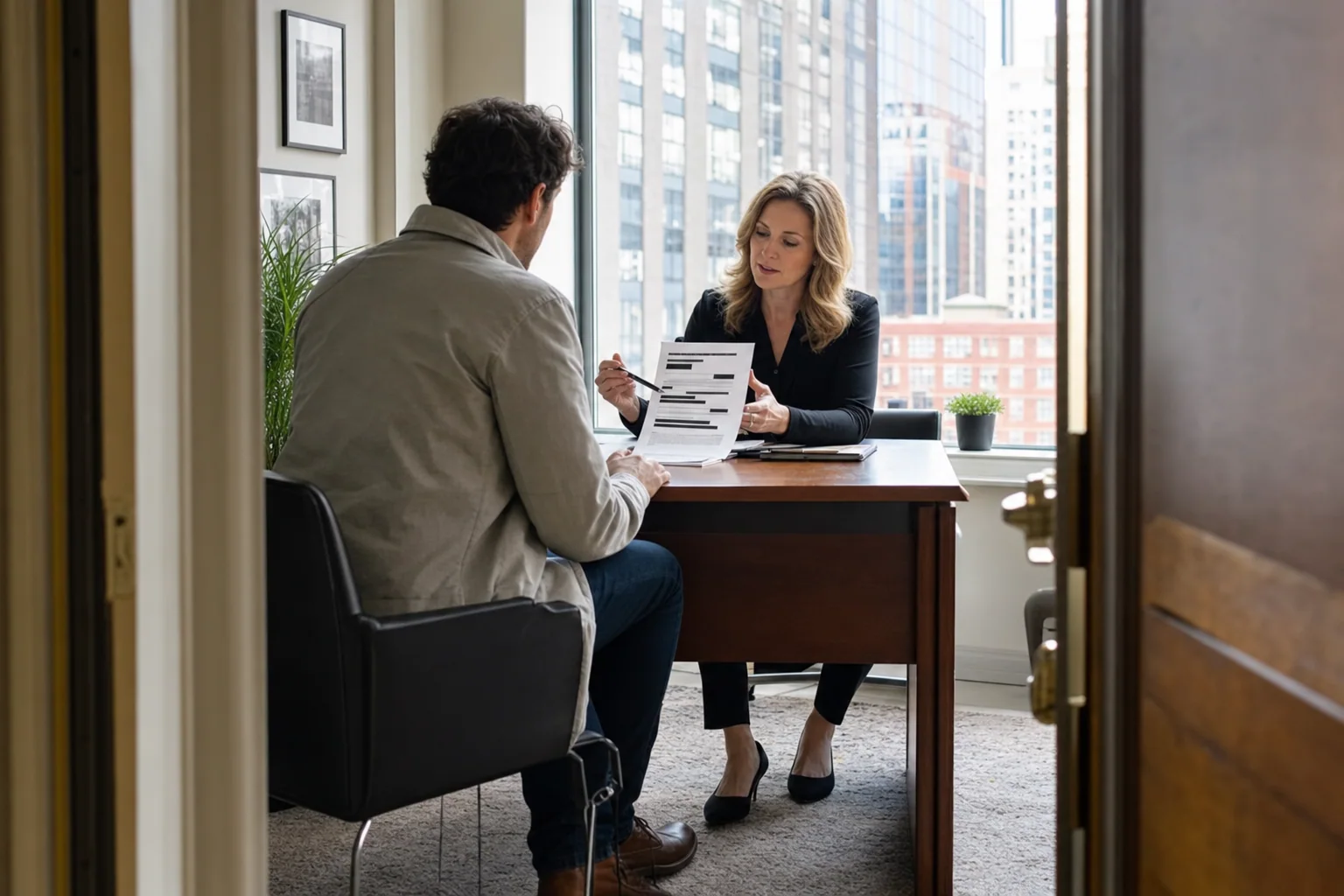 Client interviewing a licensed private investigator in a Manhattan office