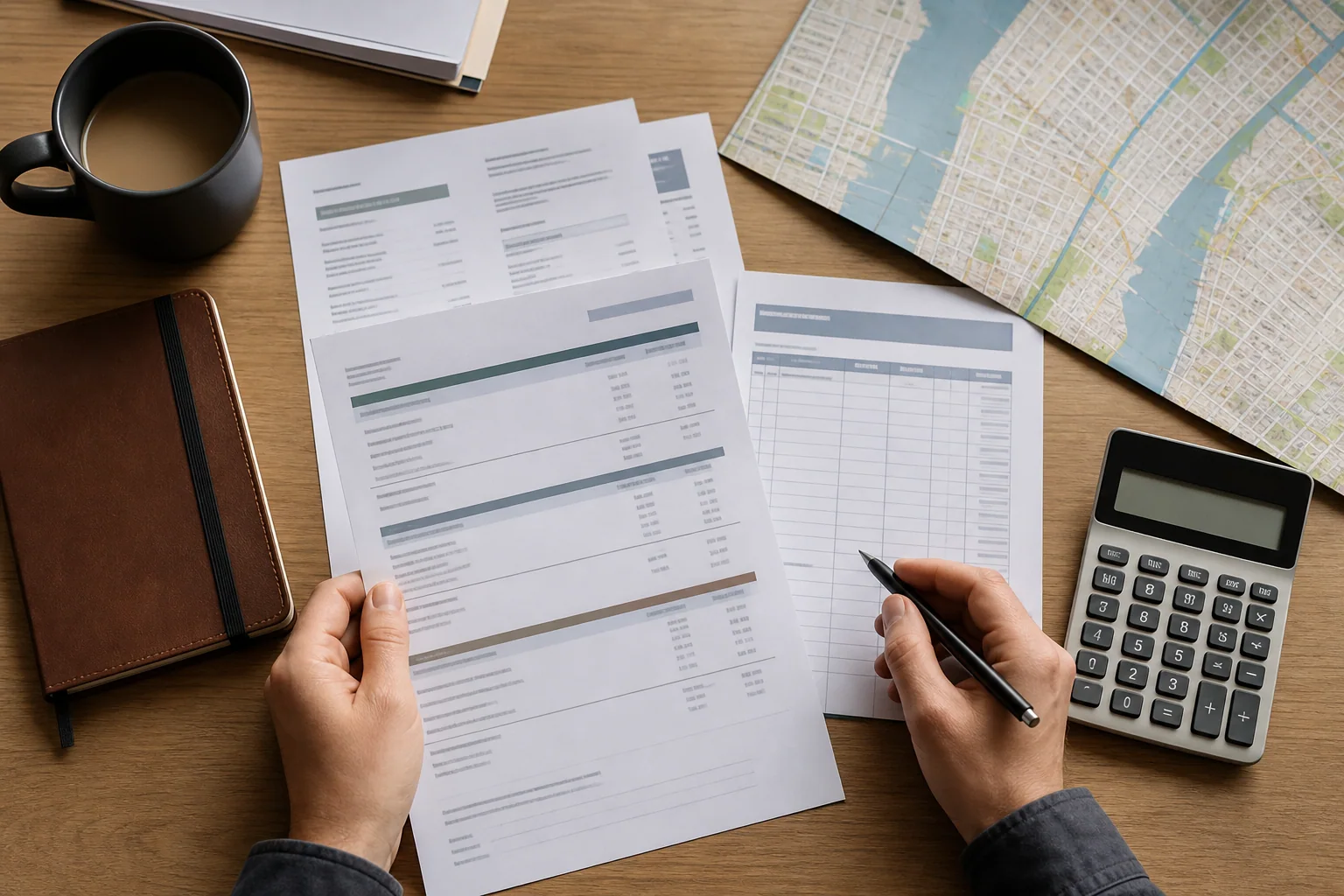 Private investigator estimate, timesheet, calculator and Manhattan map on a desk