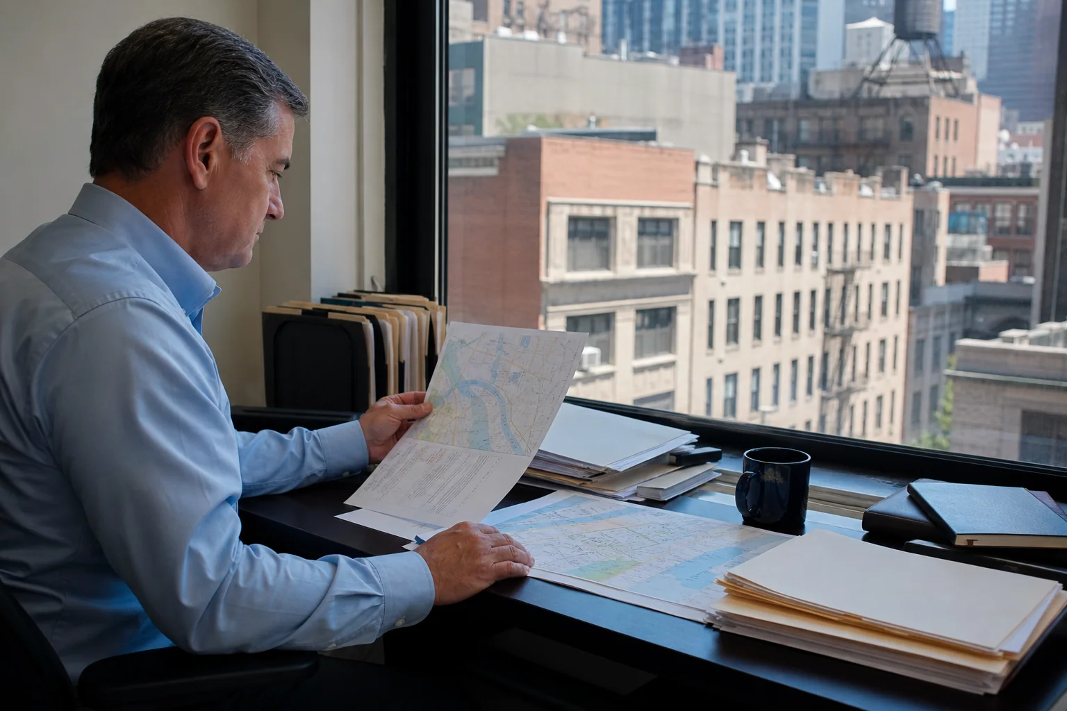Investigator reviewing Manhattan property maps and ownership records