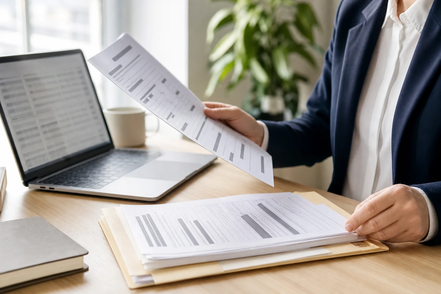 Investigator verifying redacted background check records at a desk