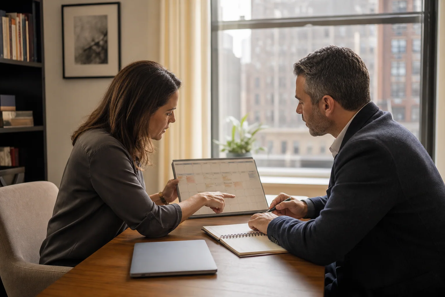 Parent and investigator reviewing a child custody parenting schedule