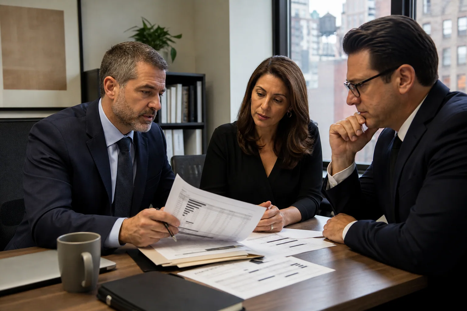 Corporate investigator, business owner and legal counsel reviewing case records