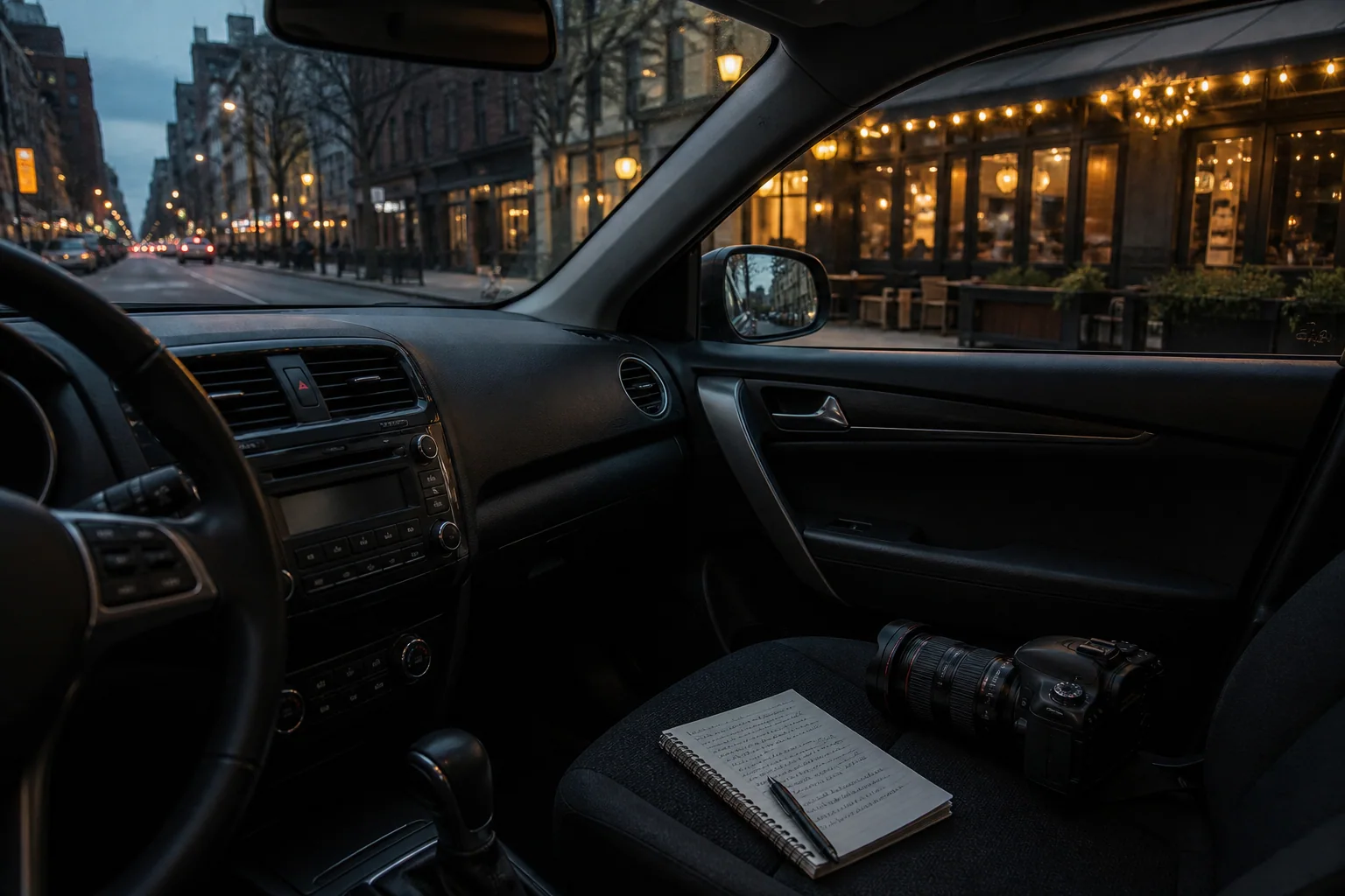 Camera and observation notebook inside a parked car near a Manhattan restaurant