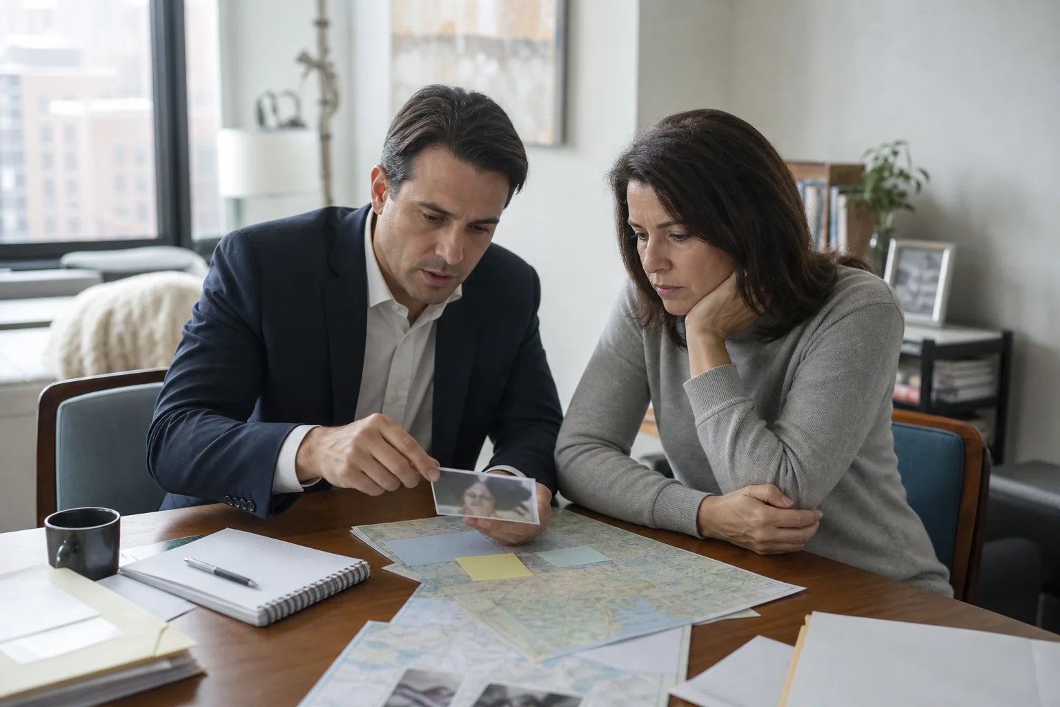 Investigator and family member reviewing a photograph and Manhattan map