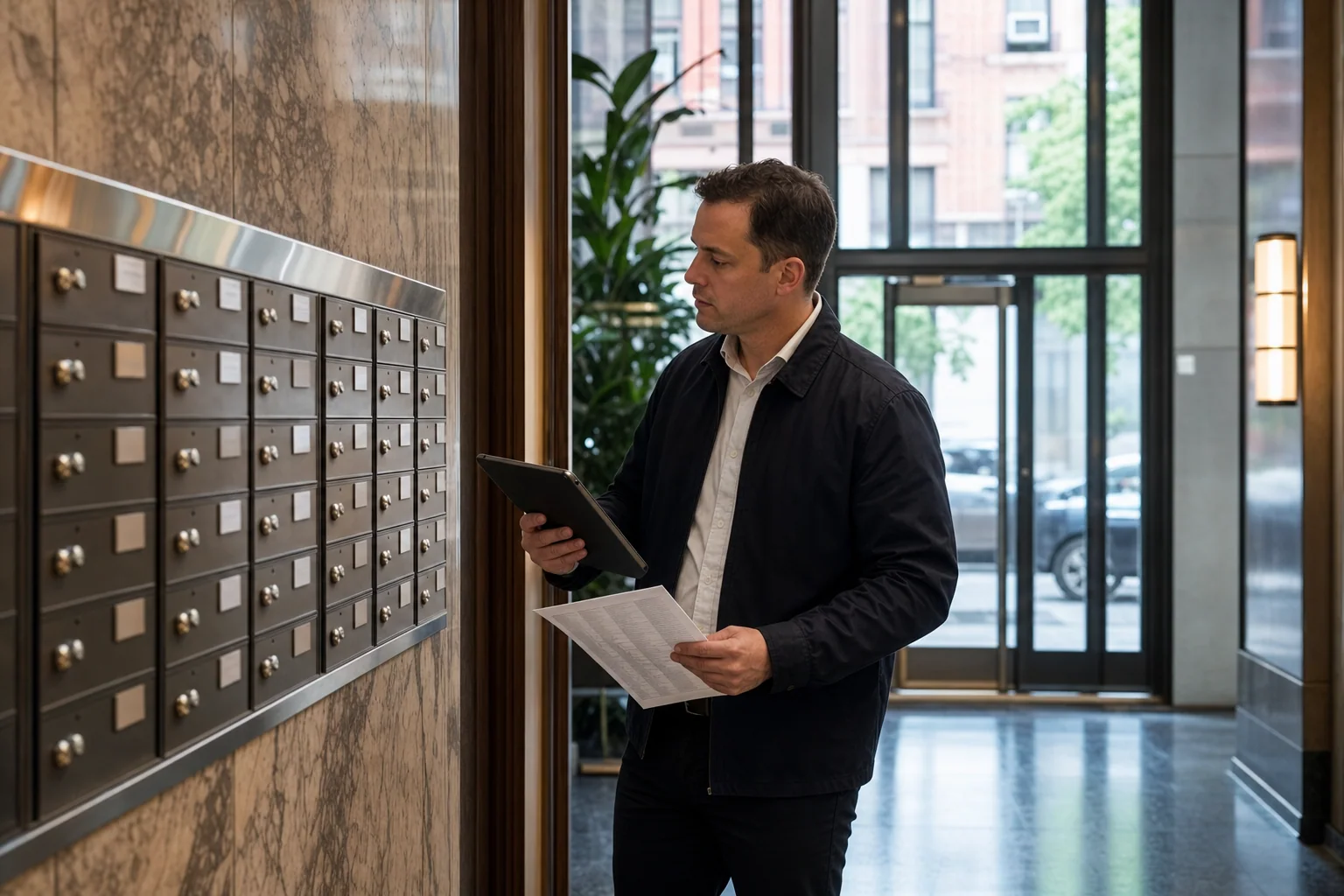 Skip tracing investigator checking address records in a Manhattan apartment lobby