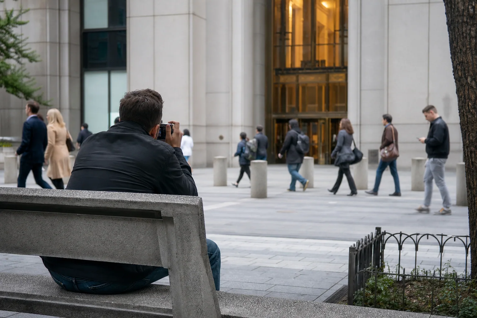 Licensed investigator photographing a public Manhattan building entrance